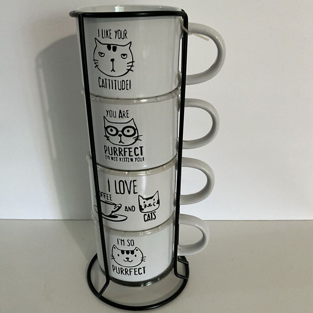 Cat Lovers Stackable Coffee Mugs Signature Housewares Stoneware With Rack NEW